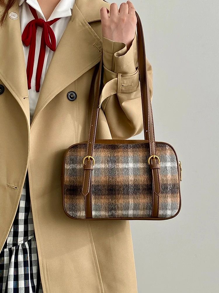 【秋日布朗尼】- 咖色秋天毛呢復古格紋手提腋下包（點擊下滑看尺寸）