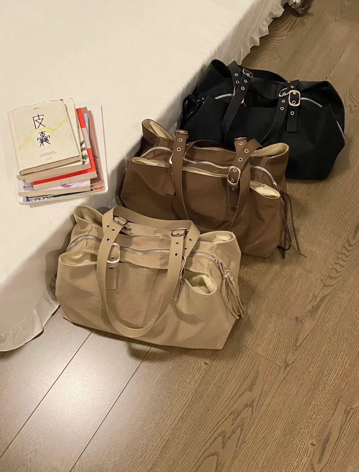 （3 colors）【霧黑墨夜】- 多隔層黑色尼龍大容量托特包 單肩手提包