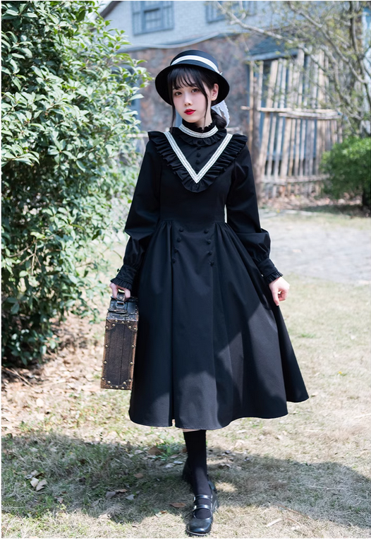 【代購預購】lolita愛薇兒的造訪 木耳邊v行蕾絲花邊小立領泡泡袖長袖洋裝/連身裙/連衣裙 古典蘿莉塔