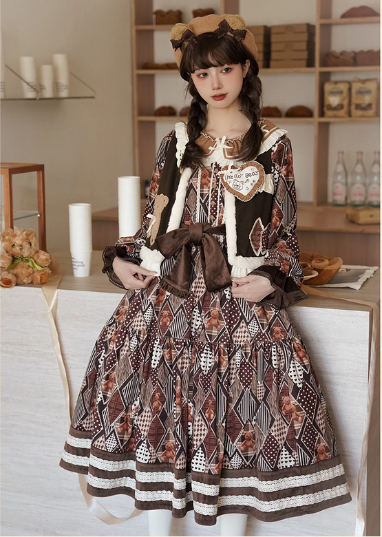 【代購預購】lolita貝兒小熊 蝴蝶蕾絲結花邊娃娃領小熊印花長袖洋裝/連身裙/連衣裙＆小熊毛溶包邊馬甲 童趣蘿莉塔