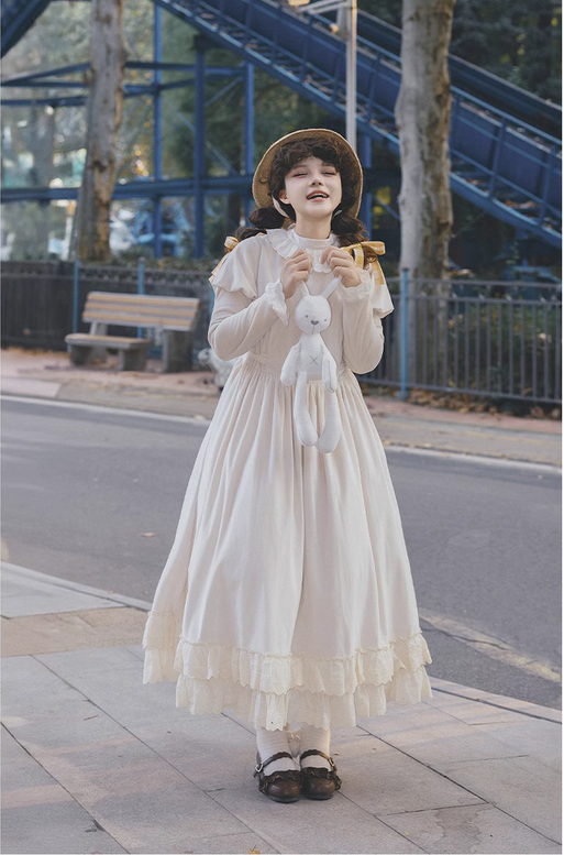 【代購預購】lolita甜杏 刺繡蕾絲花邊荷葉邊小高領泡泡袖長袖內搭增長裙/內搭洋裝/內搭連身裙 蘿莉塔
