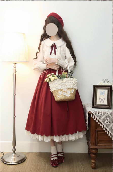 【預購訂做】lolita伯爵的契約未婚妻 蕾絲花邊塔克折娃娃領羊腿袖長袖襯衫＆蝴蝶結綁帶半身裙/半裙/中長裙 經典蘿莉塔