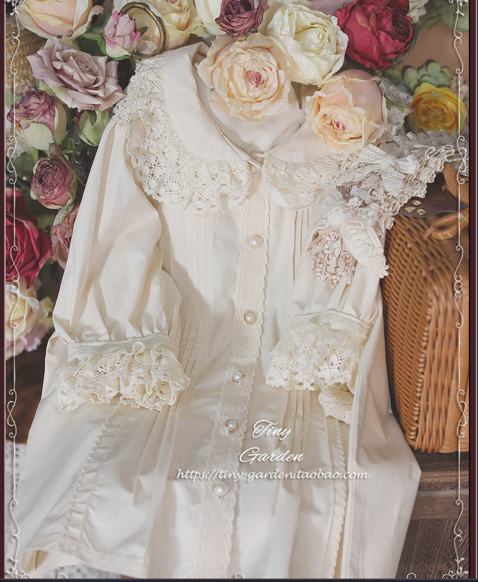 {短袖}【預購訂做】lolita甜茶 塔克折蕾絲花邊娃娃領荷葉邊燈籠袖短袖襯衫/短袖上衣 古典蘿莉塔