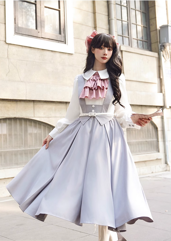 【預購】lolita聖瑪麗亞學院 長袖襯衫背帶裙假兩件/洋裝/連身裙/連衣裙＆荷葉邊領巾＆別針/胸針 學院風蘿莉塔