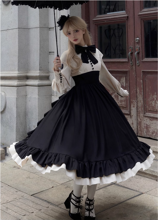 【預購】lolita萊莉娜 蝴蝶結玫瑰刺繡風琴折後開襟荷葉邊收腰假兩件長袖洋裝/連身裙/連衣裙 經典系蘿莉塔