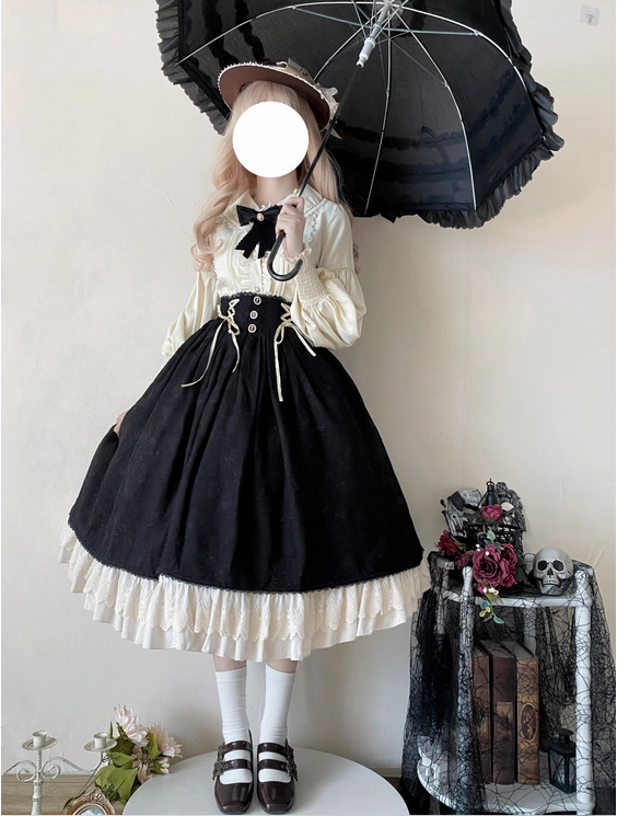 【預購】lolita鎏金樂章 蕾絲花邊蝴蝶結風琴折娃娃領羊腿袖襯衫/長袖襯衫＆綁帶蝴蝶結荷葉邊半身裙/半裙 古典蘿莉塔