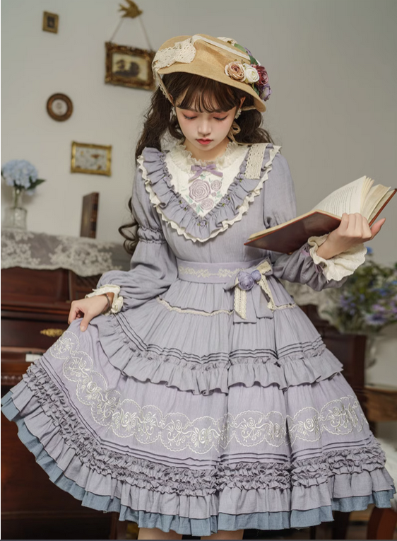 【預購訂做】lolita玫瑰茶會 玫瑰花刺繡蝴蝶結蕾絲花邊公主袖愛德華領蛋糕裙/洋裝/多層裙襬連身裙/連衣裙 古典蘿莉塔