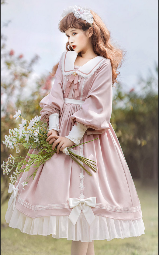 【預購】lolita兔耳情書 兔耳朵水手領段帶領針蕾絲花邊蝴蝶結羊腿袖洋裝/長袖連身裙/連衣裙 甜美蘿莉塔