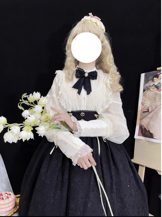 【預購】lolita艾密瑞菈 蕾絲花邊波點刺繡荷葉邊蕾絲網紗袖子立領羊腿袖襯衫/長袖襯衫/上衣古典蘿莉塔
