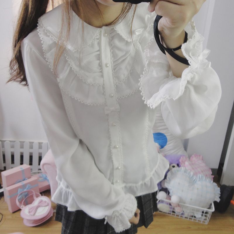 【預購】lolita莉莉露的讀書會 娃娃領翻領荷葉邊蕾絲花邊蝴蝶結公主袖長袖襯衫/白色襯衫/純白襯衫 甜美系蘿莉塔