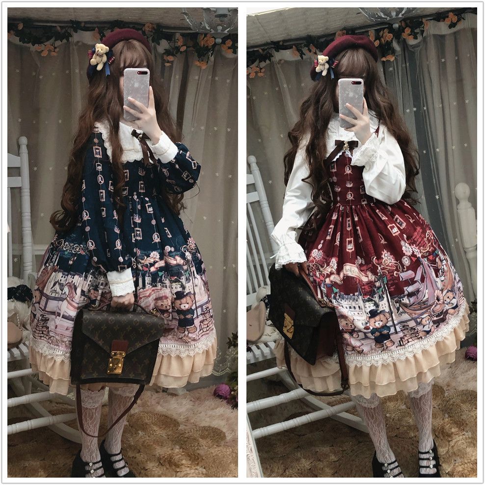 【預購】lolita馬頭泰迪熊 小熊印花荷葉邊蕾絲花邊蝴蝶結羊腿袖長袖洋裝op/連身裙jsk/連衣裙 甜美蘿莉塔