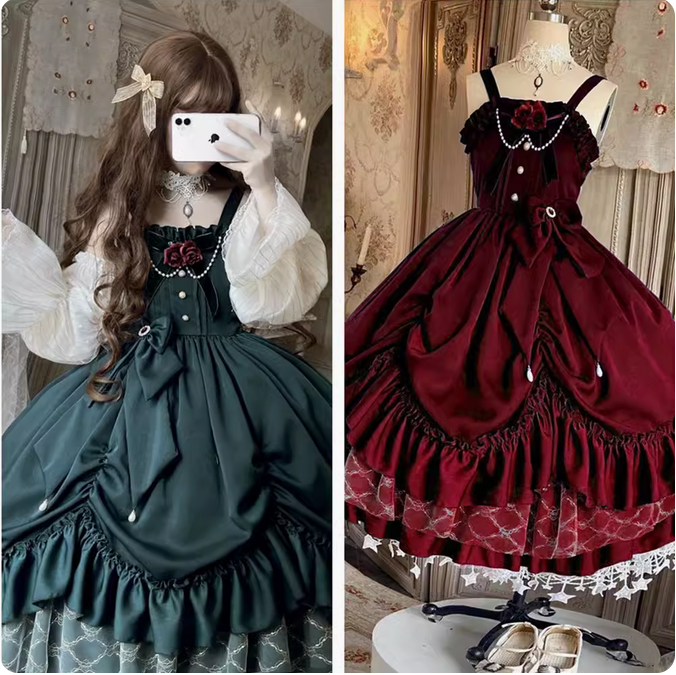 【預購】lolita薔薇加冕 玫瑰花蝴蝶結蕾絲褶皺珠鍊吊墜花瓣裙襬洋裝/絨布緞面連身裙/連衣裙 古典蘿莉塔