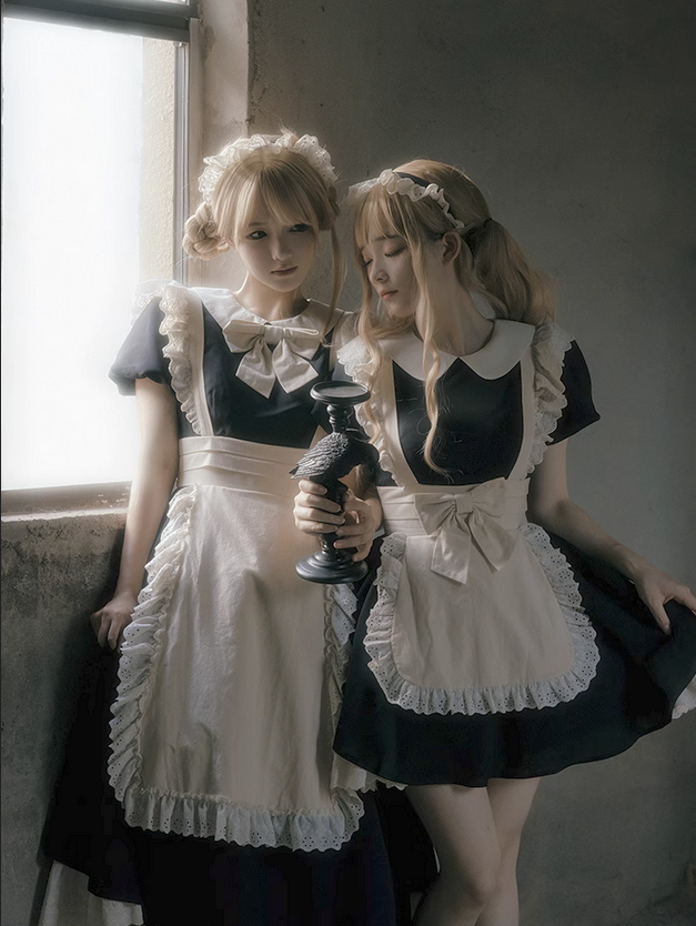 【預購訂做】lolita少爺的專屬女僕 蝴蝶結簍空蕾絲花邊泡泡袖飛袖圍裙假兩件洋裝/連身裙/連衣裙/女僕裝 古典蘿莉塔
