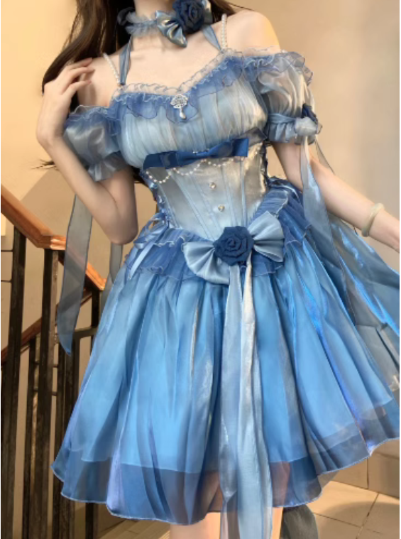 {短款}【預購訂做】lolita仲夏薔薇魔法 立體玫瑰花蝴蝶結荷葉花邊珍珠背帶珠鍊洋裝/連身裙/連衣裙 古典蘿莉塔