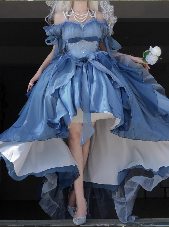 {前短後長}【預購訂做】lolita仲夏薔薇魔法 立體玫瑰花蝴蝶結荷葉花邊珍珠背帶珠鍊洋裝/連身裙/連衣裙 古典蘿莉塔