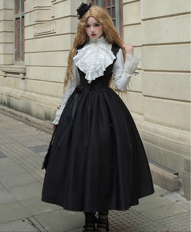 【預購】lolita暮光之城 玫瑰刺繡蕾絲花邊托胸洋裝/連身裙/連衣裙＆拼接花邊側門襟羊腿袖外套＆襯衫＆假領 哥德蘿莉塔