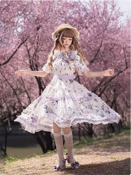 【預購】lolita桔梗花戀 桔梗印蕾絲花邊塔克折木耳邊娃娃領花大裙擺短袖洋裝/連身裙/連衣裙＆胸花＆圍裙 田園蘿莉塔