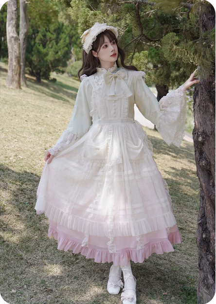 【預購】lolita風之寓意 蕾絲花邊蝴蝶結口袋包布釦曲牙邊木耳邊點點兔耳圍裙/透明罩紗圍裙 甜美蘿莉塔