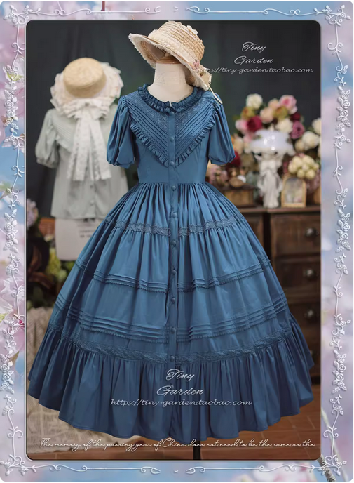 {短袖}【預購訂做】lolita王妃的秘密森林 蕾絲花邊風琴摺皺荷葉邊公主袖洋裝/圓領連身裙/公主袖連衣裙 古典蘿莉塔