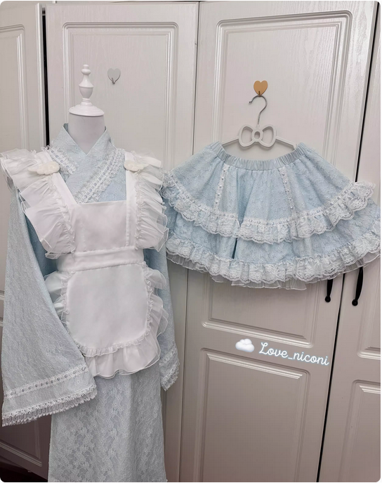 【預購】lolita晴櫻 緞帶穿繩蕾絲花邊塔克折荷葉邊蕾絲提花改良式和服套裝/浴衣/上衣＆半身裙/半裙＆圍裙 甜美蘿莉塔