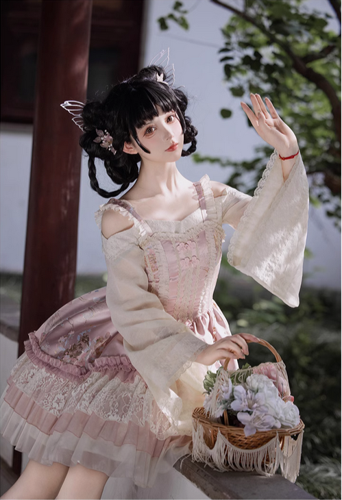 {內搭}【預購】lolita繁花譜 蕾絲提花蕾絲花邊一字領肩帶可調自帶胸墊盈袖寬袖內搭 中國風華風蘿莉塔