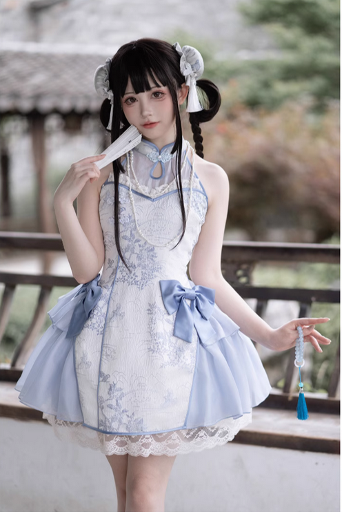 {霜滿}【預購】lolita楓橋夜泊 水墨提花蕾絲花邊盤扣掛脖水滴型旗袍領洋裝/連身裙/連衣裙＆接袖＆圍裙 中國風蘿莉塔