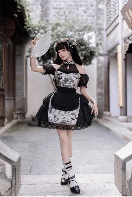 {烏啼}【預購】lolita楓橋夜泊 水墨提花蕾絲花邊盤扣掛脖水滴型旗袍領洋裝/連身裙/連衣裙＆接袖＆圍裙 中國風蘿莉塔