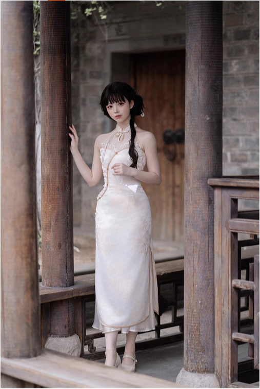 {月落}【預購】lolita楓橋夜泊 水墨提花蕾絲花邊盤扣掛脖水滴型旗袍領連身裙/連衣裙/改良式旗袍＆接袖 中國風蘿莉塔