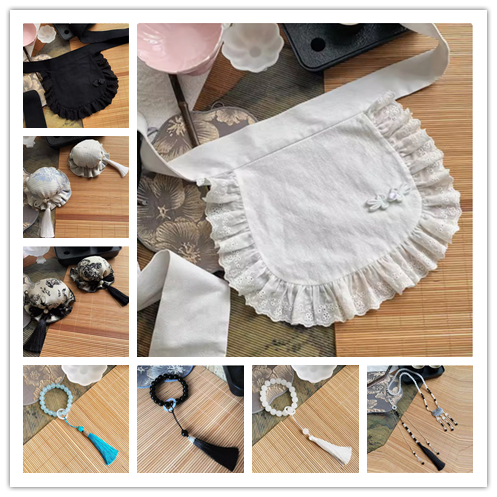 {配件}【預購】lolita楓橋夜泊  盤扣刺繡簍空蕾絲花邊圍裙＆水墨提花髮包＆流蘇珠串/手鍊＆背雲/項鍊 中國風蘿莉