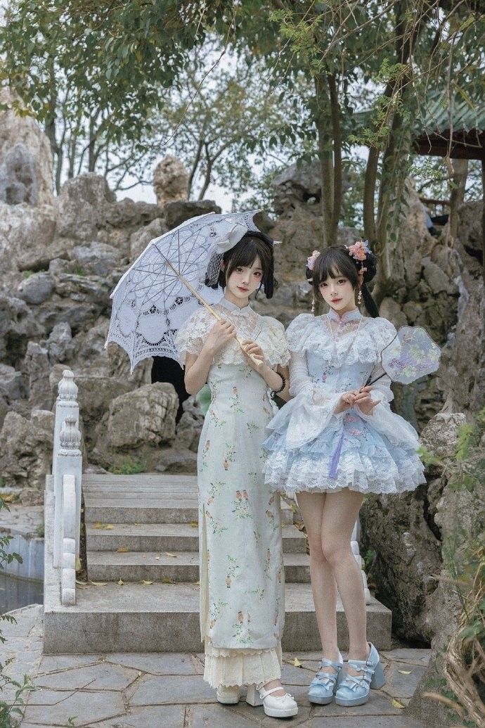 【預購】lolita秋夕 愛德華領盤扣雙層蕾絲花邊網紗蝴蝶結洋裝/改良旗袍/連身裙/連衣裙＆旗袍褲 中國風蘿莉塔