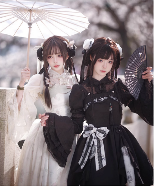 【預購】lolita花暮 蕾絲提花盤扣網紗小立領公主袖內搭上衣/泡泡袖內搭衫＆雙層蕾絲花邊姬袖接袖 中國風蘿莉塔