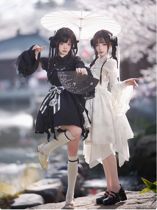 【預購】lolita竹林曲 竹葉刺繡梅蘭竹菊提花水墨印花吊墜開襟一字領洋裝/海棠銀絲雪紡連身裙/連衣裙 中國風蘿莉塔