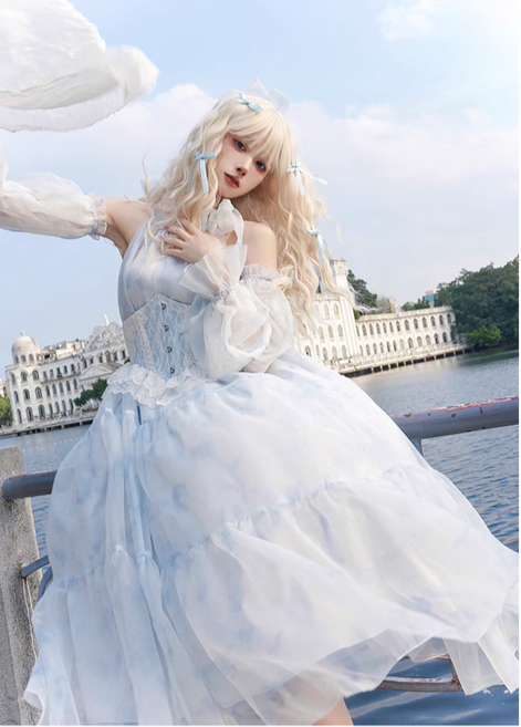 【代購】lolita海色泡沫 水色渲染歐根紗脖綁帶洋裝/連身裙/連衣裙＆立體蕾絲軟魚封腰＆蕾絲花紋泡泡袖接袖 淑女蘿莉塔