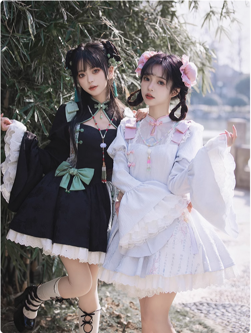 {大全}【預購】lolita嫣語錄 書法印花竹葉網蝴蝶結紗水滴旗袍領泡泡袖旗袍/連身裙/連衣裙＆蕾絲花邊接袖 國風蘿莉塔