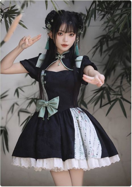 {竹}【預購】lolita嫣語錄 書法竹葉印花蝶結吊墜簍空旗袍領泡泡袖旗袍/連身裙/連衣裙＆蕾絲花邊接袖 國風蘿莉塔