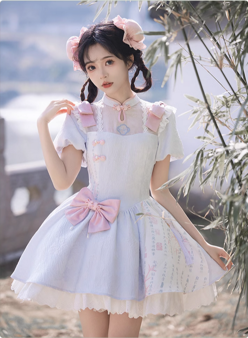 {雨}【預購】lolita嫣語錄 書法印花竹葉漏窗刺繡網紗蝶結旗袍領泡泡袖旗袍/連身裙/連衣裙＆蕾絲花邊接袖 國風蘿莉塔