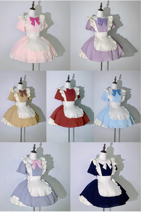 {異色}【預購】lolita少爺的專屬女僕 蝴蝶結簍空蕾絲花邊泡泡袖飛袖圍裙假兩件洋裝/連身裙/連衣裙/女僕裝 蘿莉塔
