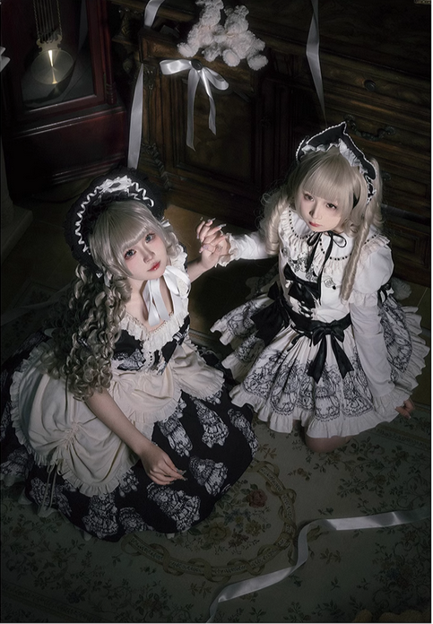 {大全}【預購】lolita安娜貝爾 人偶柄圖刺繡木耳邊娃娃領公主袖撞色蝴蝶結低腰洋裝/雙子套裝＆帷幕＆bnt帽子蘿莉塔