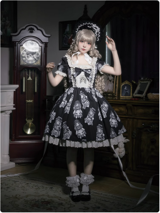 {洋裝-黑}【預購】lolita安娜貝爾 人偶柄圖刺繡木耳邊方領荷葉邊公主袖洋裝/連身裙/連衣裙＆帷幕 暗黑古典蘿莉塔