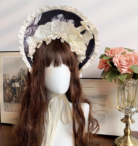 {配件}【預購】lolita安娜貝爾 抽拉三瓣帷幕＆人偶柄圖蝴蝶結蕾絲花邊撞色帽子bnt＆接袖＆別針 暗黑古典蘿莉塔