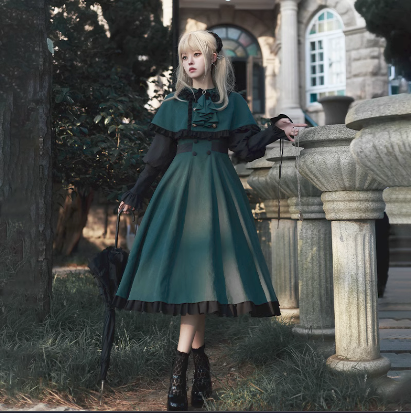 【預購訂做】lolita居里夫人 雙層抽摺花邊荷葉邊綁帶羊腿袖撞色修身洋裝/連身裙/連衣裙＆門襟鈕扣短版斗篷 古典蘿莉塔