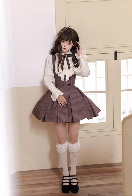 {短款洋裝}【預購】lolita福爾摩斯事件簿 魚骨v字腰綁帶長款托胸洋裝/連身裙/連衣裙＆襯衫＆披肩＆禮帽 古典蘿莉塔