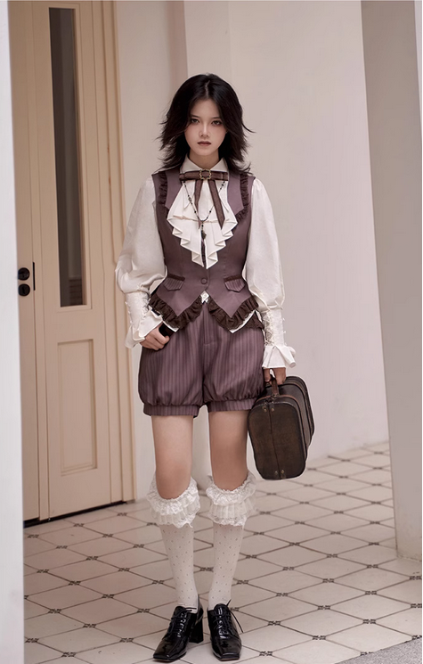 {褲裝套裝}【預購】lolita福爾摩斯事件簿 蕾絲刺繡西裝領馬甲+條紋南瓜短褲套裝＆長袖襯衫＆披肩＆禮帽 古典蘿莉塔