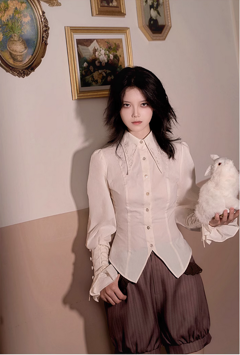 {配件}【預購】lolita福爾摩斯事件簿 刺繡尖領燈籠袖燕尾長袖襯衫+紳士領結＆網紗蕾絲披肩＆蝴蝶結禮帽 古典蘿莉塔
