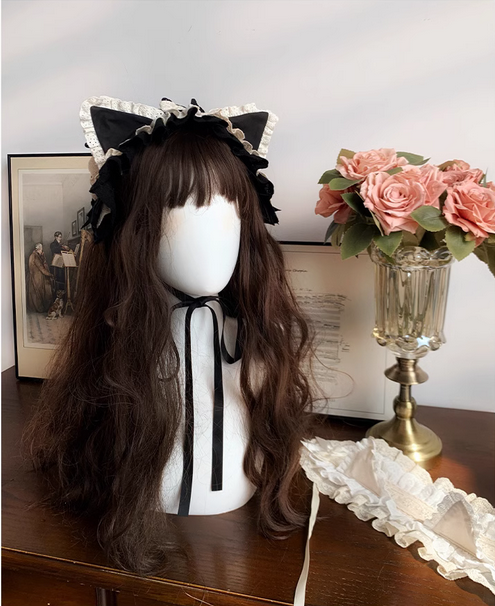 【預購】lolita貓耳女僕 軟鋁絲可凹折造型簍空蕾絲花邊兩色貓耳髮帶/鴨嘴頰髮帶/綁帶貓耳頭飾/貓耳髮飾 經典蘿莉塔