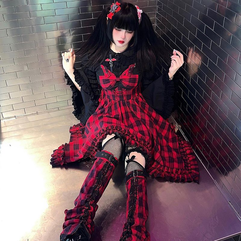 【預購】lolita地下樂團 抽繩紅黑格紋不規則裙襬洋裝/肩帶可調連身裙/連衣裙＆皮扣格子布腿套 龐克蘿莉塔