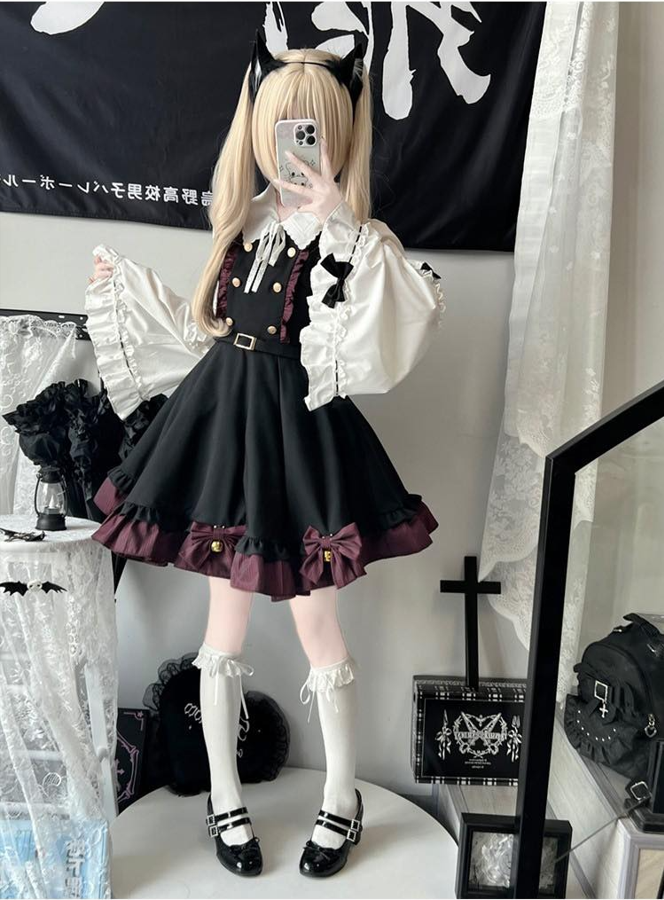 【預購訂做】lolita萬聖貓貓 鈴鐺蝴蝶結花邊褶皺吊帶洋裝/背帶裙/連身裙/連衣裙＆寬袖長袖上衣/短袖上衣 學院蘿莉塔
