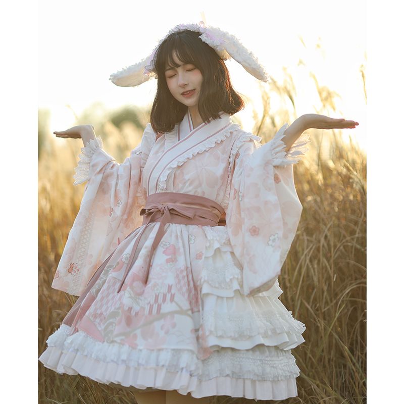 【代購預購】lolita戀戀春櫻 蕾絲花邊荷葉邊木耳邊和服/洋裝/連身裙/連衣裙 日系軟妹 甜美系蘿莉塔 和風蘿莉塔