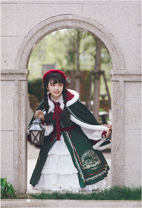 【代購預購】lolita聖誕佳節 雪人麋鹿刺繡緞帶蝴蝶結蕾絲花邊假兩件長袖洋裝/連身裙/連衣裙＆毛絨連帽斗篷 經典蘿莉塔