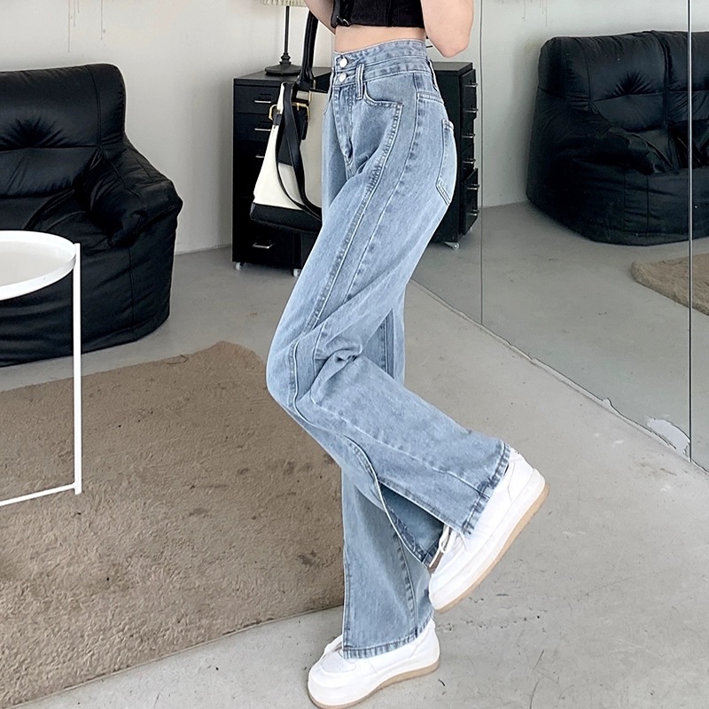 夏季雙釦直筒開衩高腰牛仔長褲::Qstore::